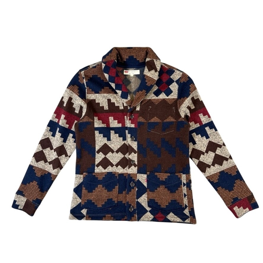 Levis Mens Southwestern Fleece Shawl Collar Button Cardigan Jacket Brown Blue L